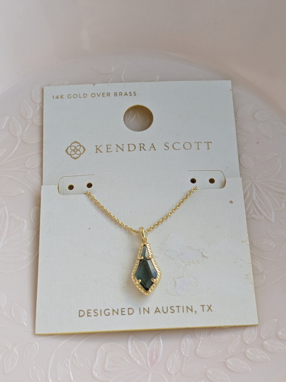 Kendra Scott Gold Necklace with Dark Green Marquise Pendant